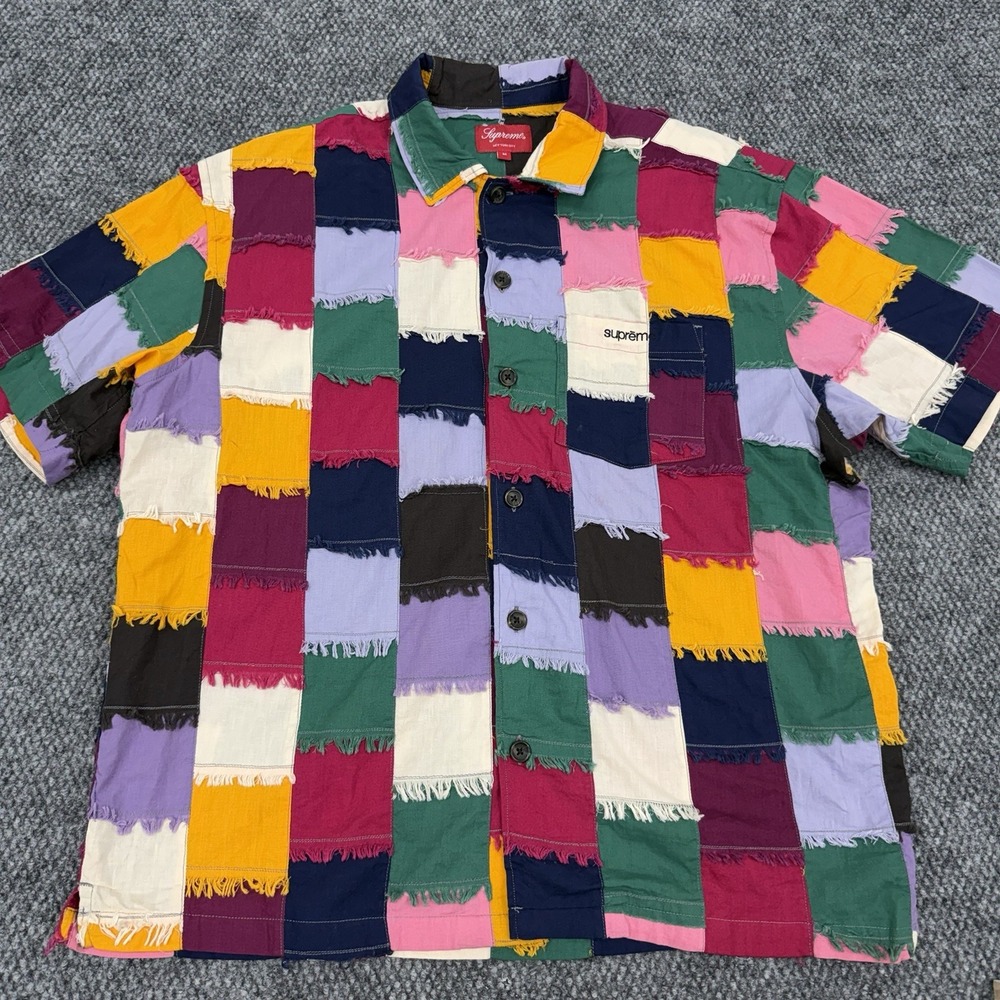 Supreme Men's Medium Multicolor Patchwork Short Sleeve Button Shirt - Excellent